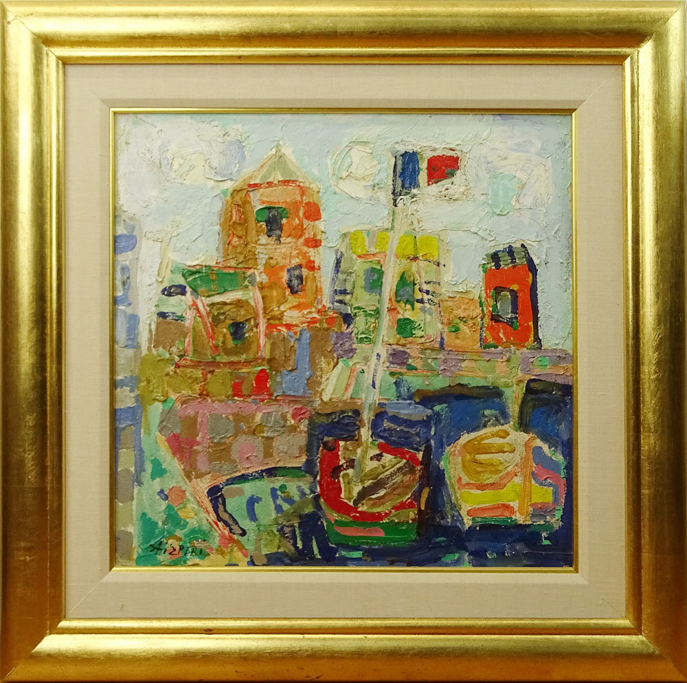 Paul Aïzpiri, French (b. 1919) Oil on Board with sand elements "Port de le Maxime" 