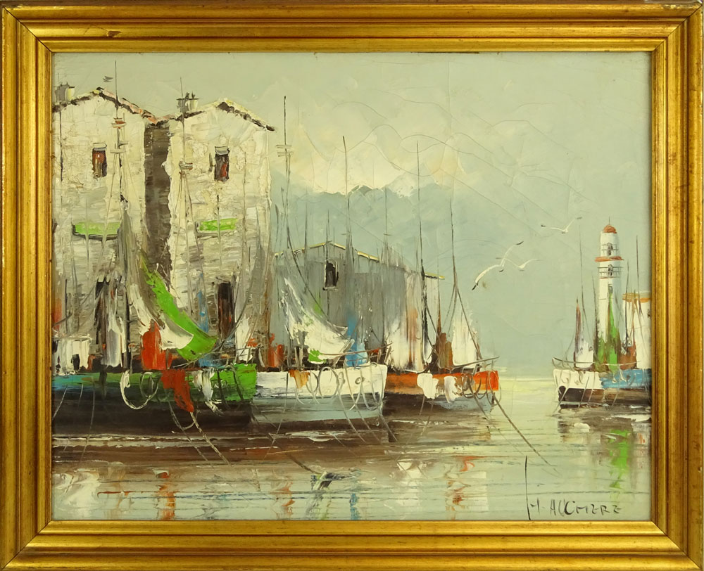 Henri Auchere, French  (1908-2000) Oil on canvas "Dockside Boats" Signed lower right H. Auchere. 
