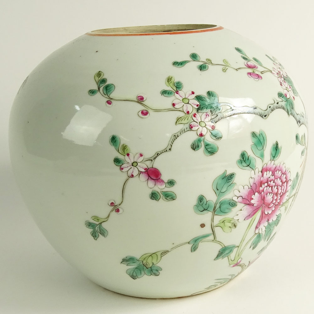 Vintage Mid Century Chinese Export Porcelain Hand Painted Rose Famille Round Jar.