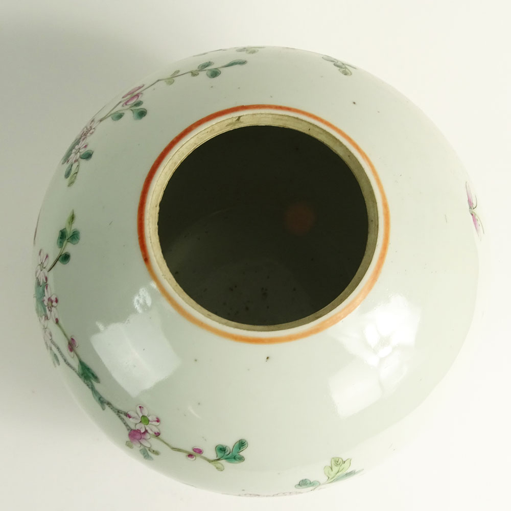 Vintage Mid Century Chinese Export Porcelain Hand Painted Rose Famille Round Jar.
