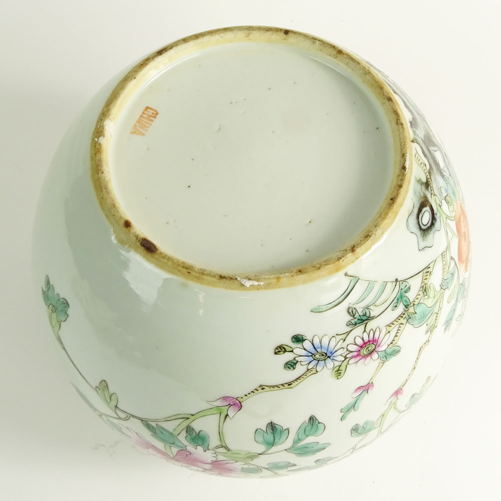 Vintage Mid Century Chinese Export Porcelain Hand Painted Rose Famille Round Jar.