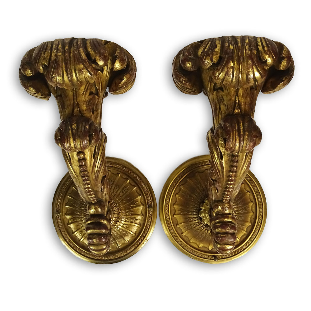 Large Pair of Vintage Carved Gilt Wood and Brass Wall Candle Sconces.