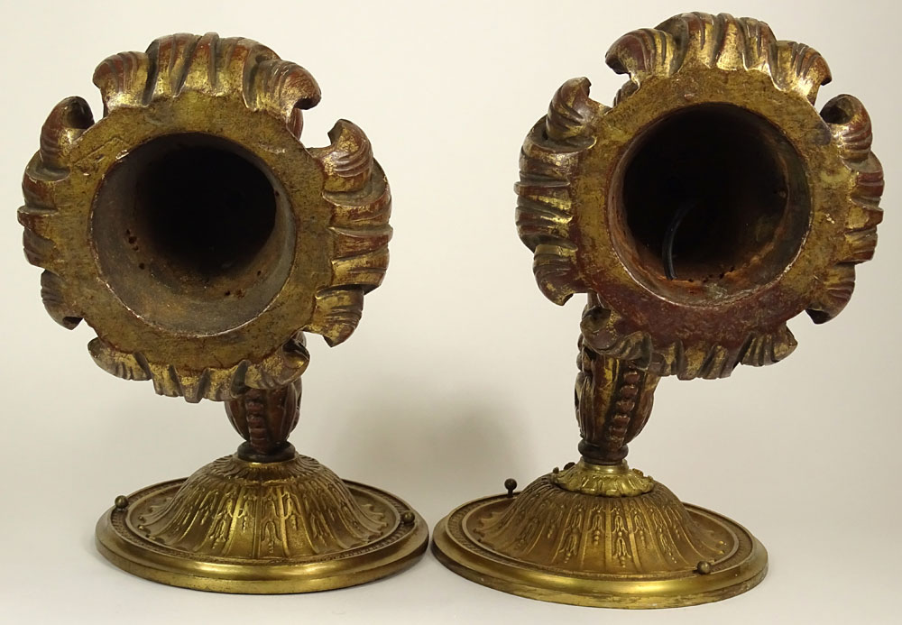 Large Pair of Vintage Carved Gilt Wood and Brass Wall Candle Sconces.