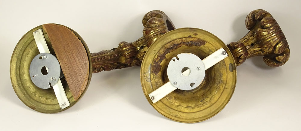 Large Pair of Vintage Carved Gilt Wood and Brass Wall Candle Sconces.