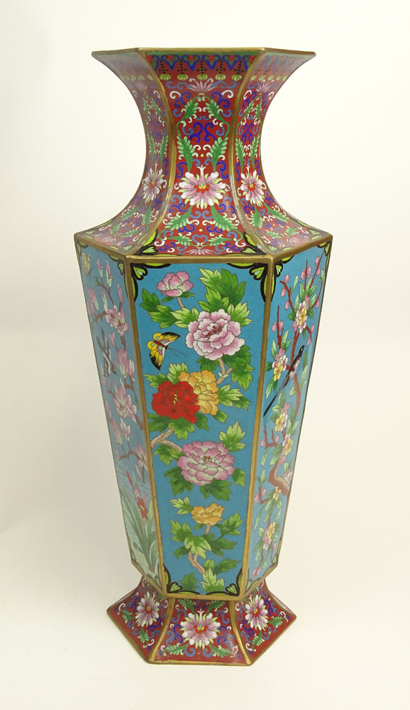 Mid-Century Chinese Hexagonal Shaped Cloisonne Urn. Well done motif of Flowers and Birds.