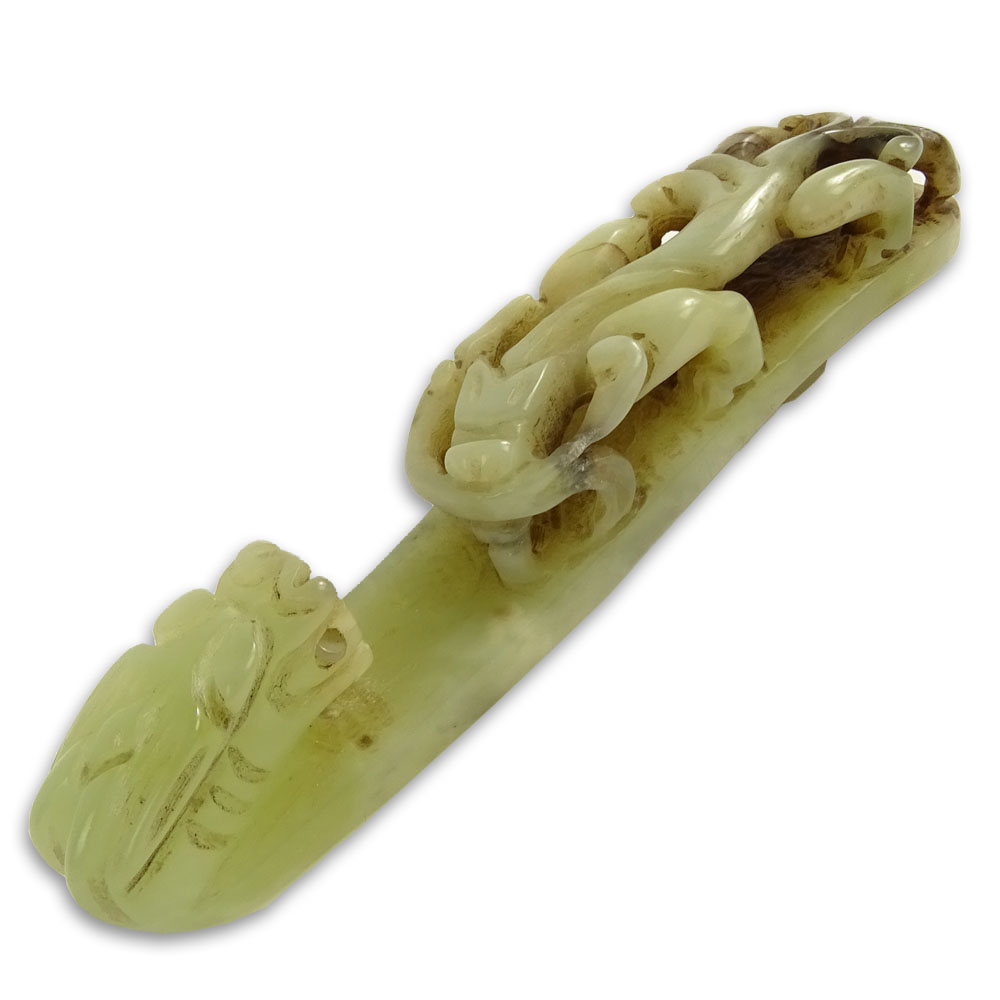 Antique Carved Celadon Jade Belt Buckle.