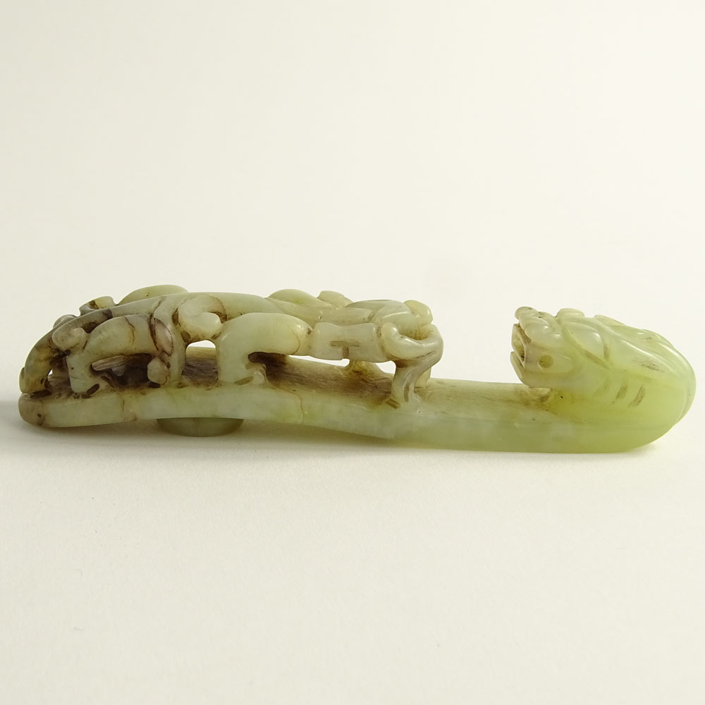 Antique Carved Celadon Jade Belt Buckle.