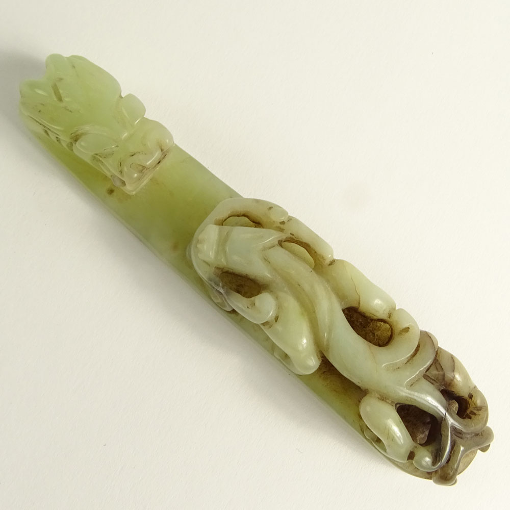 Antique Carved Celadon Jade Belt Buckle.