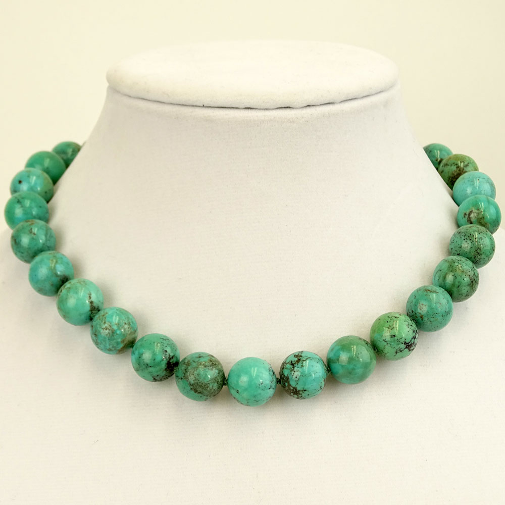 Vintage Chinese Turquois Beaded Necklace With Sterling Clasp.