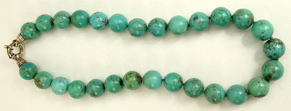 Vintage Chinese Turquois Beaded Necklace With Sterling Clasp.