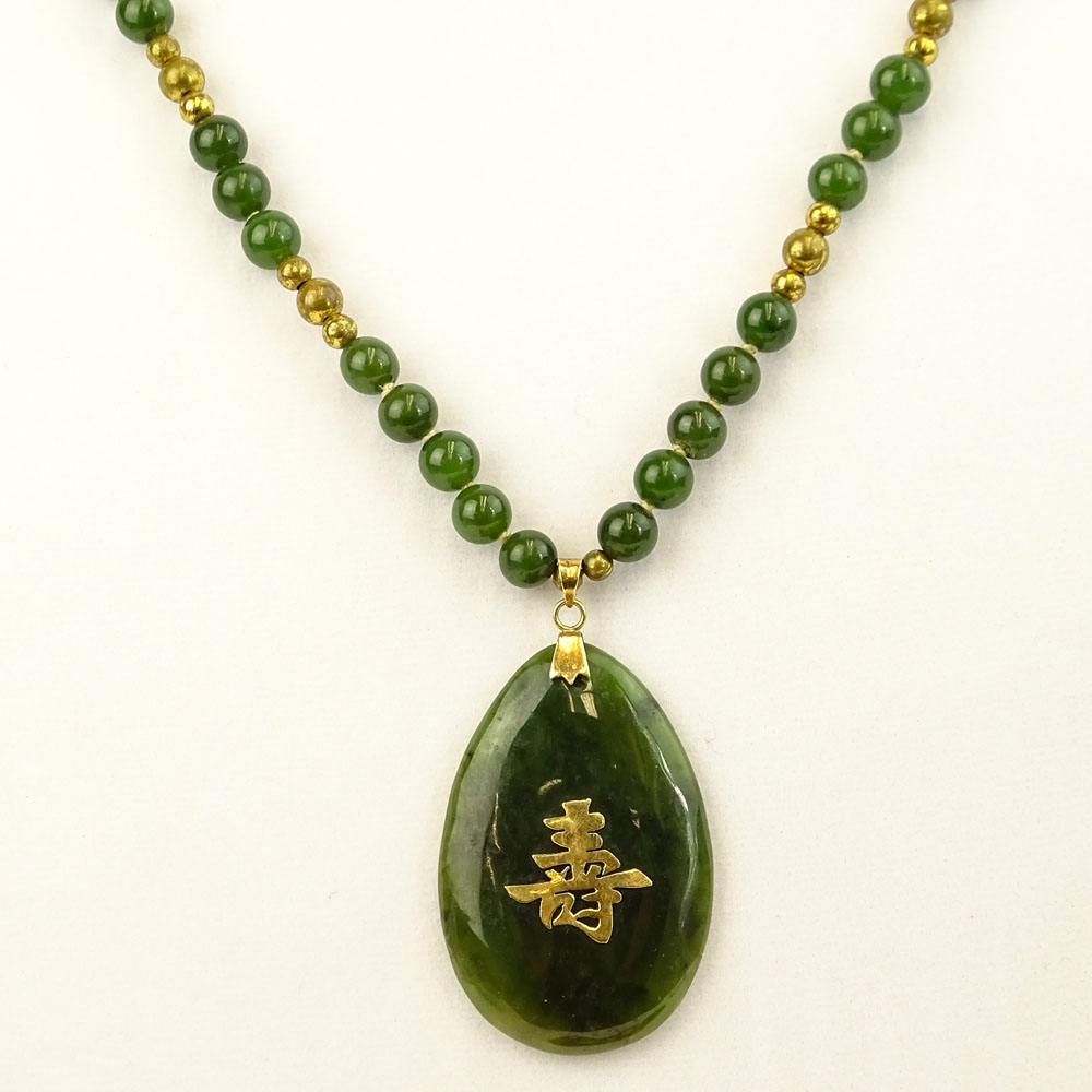 Vintage Spinach Jade and 14K Gold Beaded and Pendant Necklace.