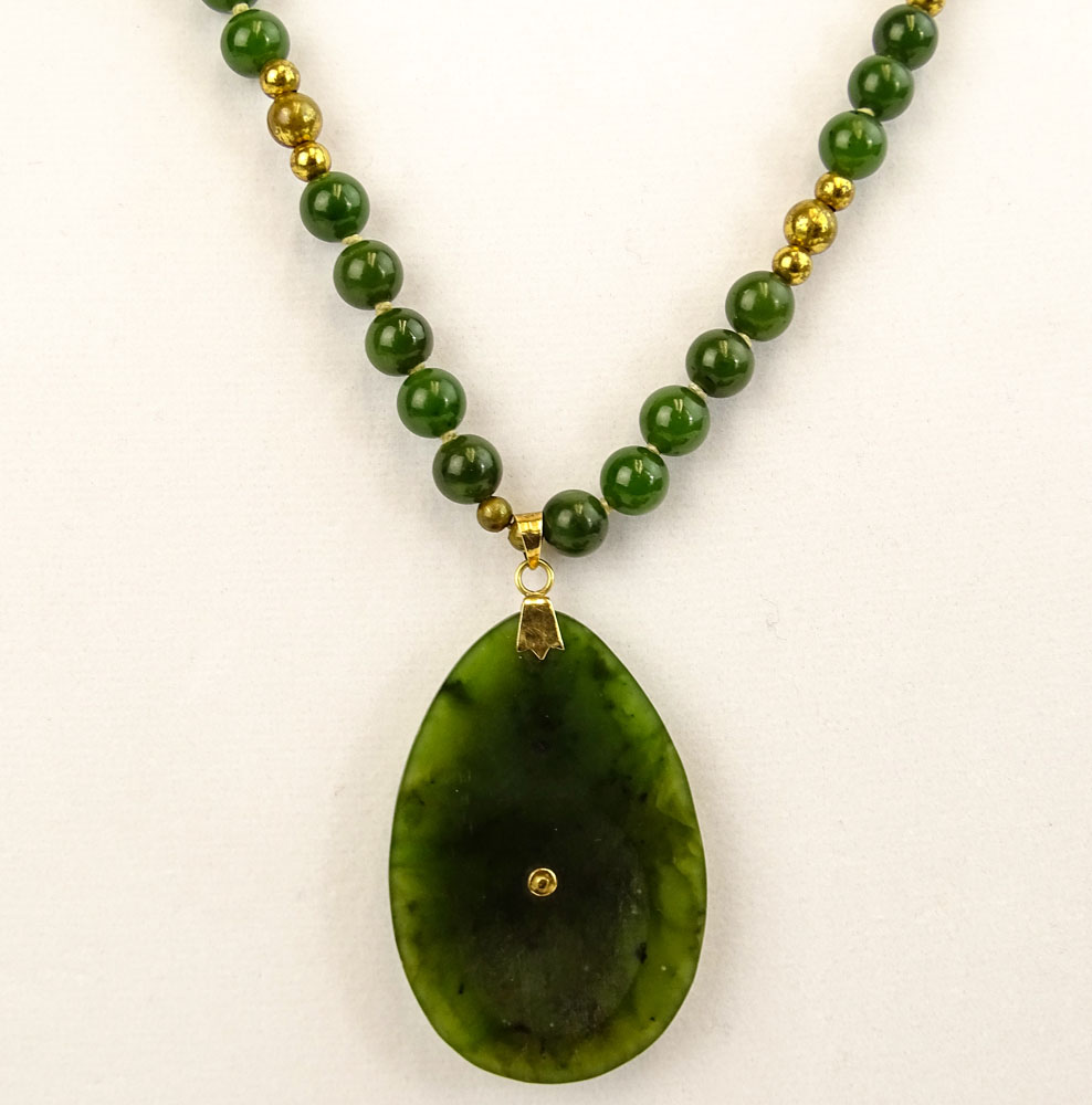 Vintage Spinach Jade and 14K Gold Beaded and Pendant Necklace.