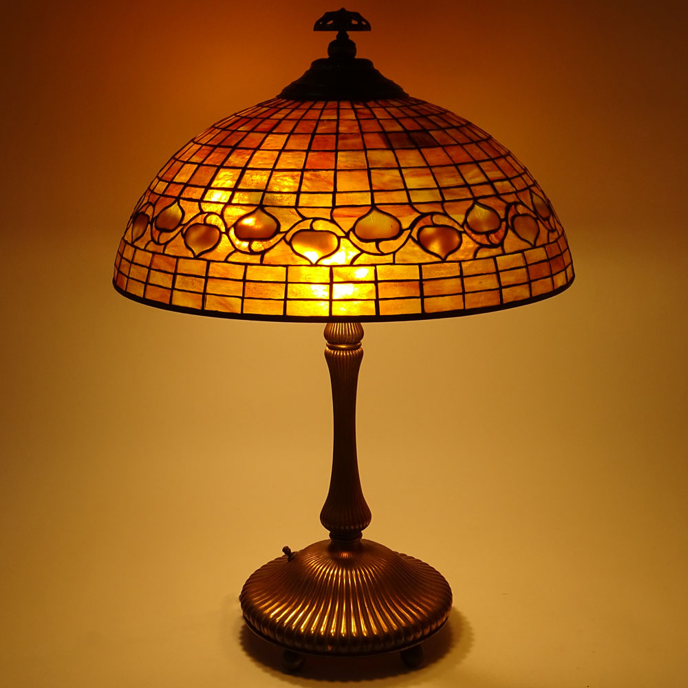 Tiffany Studios Table Lamp with Acorn Shade on Gilt Bronze Mushroom Base and Rare Spider Finial.