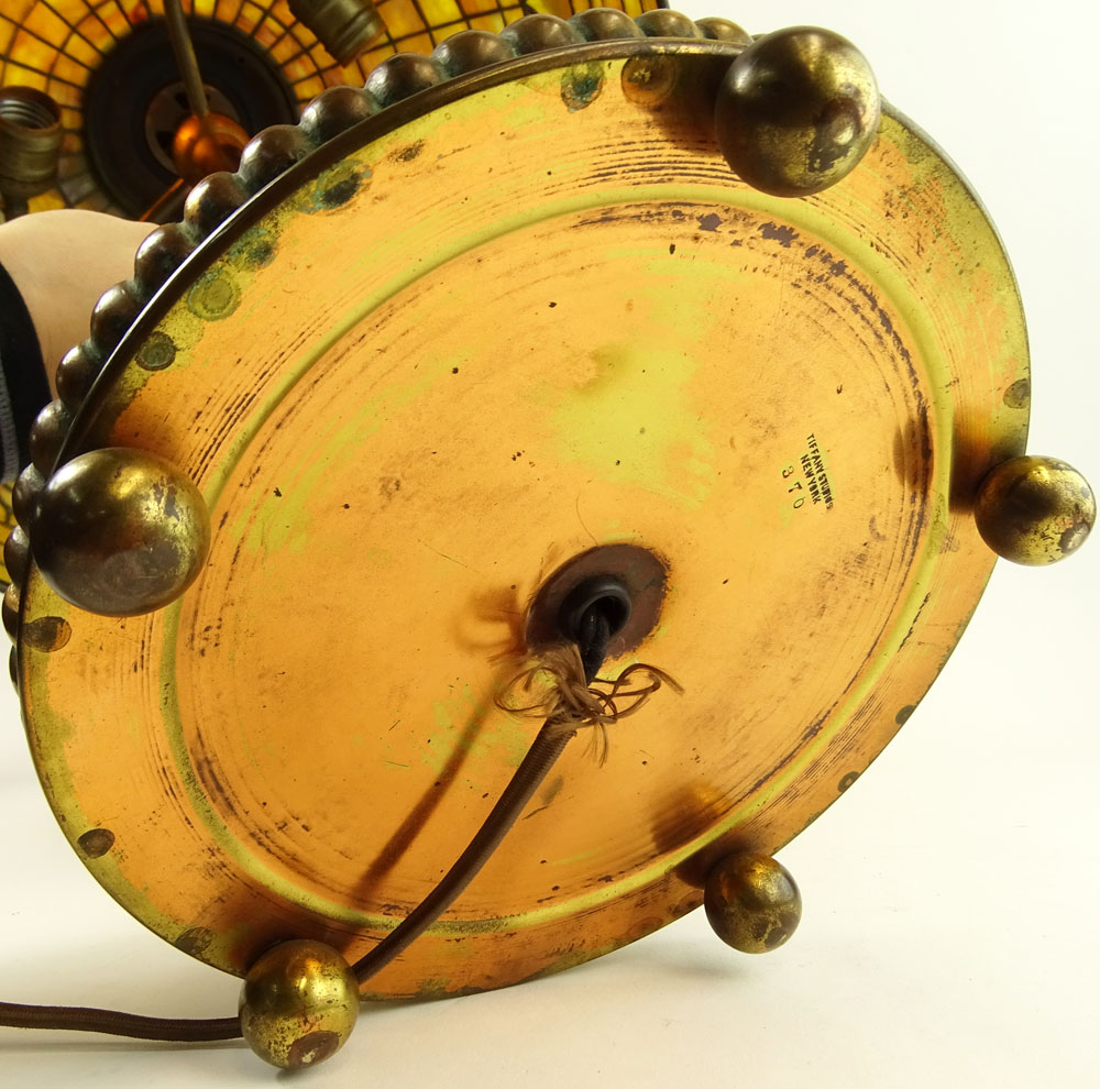 Tiffany Studios Table Lamp with Acorn Shade on Gilt Bronze Mushroom Base and Rare Spider Finial.