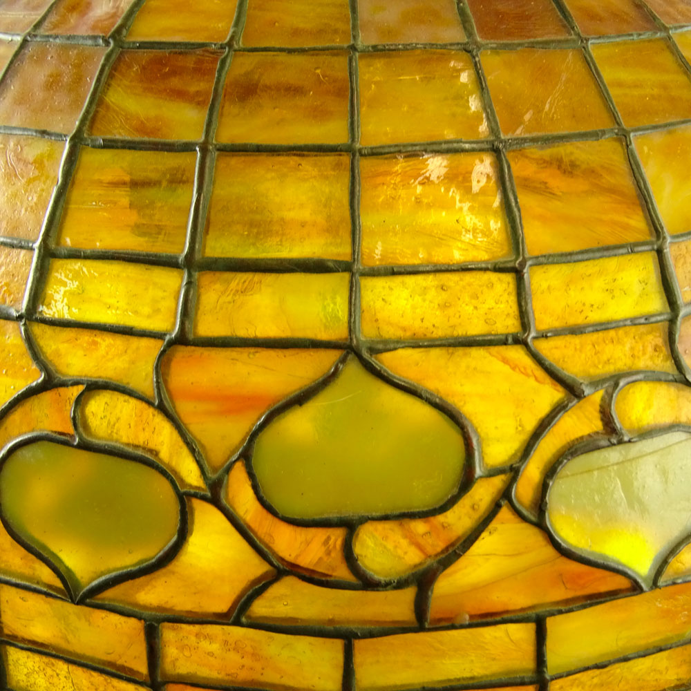 Tiffany Studios Table Lamp with Acorn Shade on Gilt Bronze Mushroom Base and Rare Spider Finial.