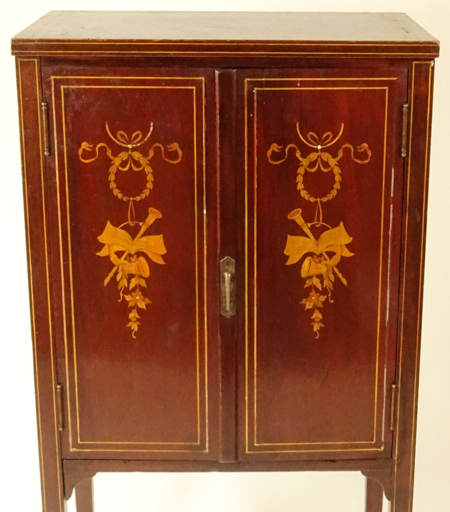 Circa 1910 Edwardian Inlaid Mahogany Two Door Sheet Music Cabinet With Fitted Interior.