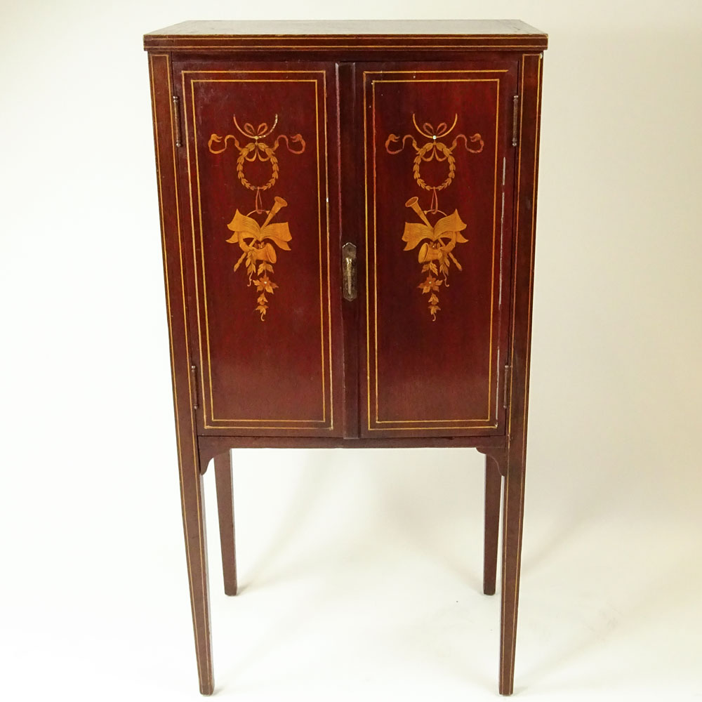Circa 1910 Edwardian Inlaid Mahogany Two Door Sheet Music Cabinet With Fitted Interior.