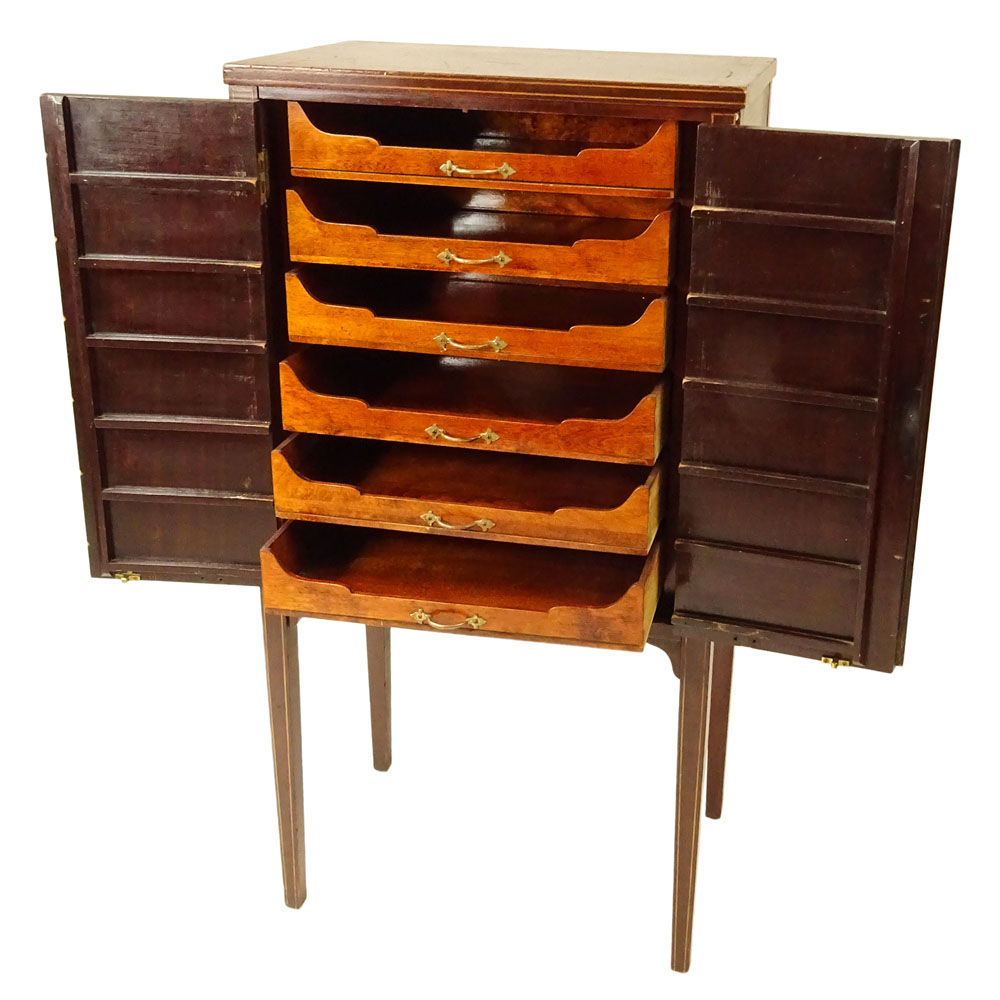 Circa 1910 Edwardian Inlaid Mahogany Two Door Sheet Music Cabinet With Fitted Interior.
