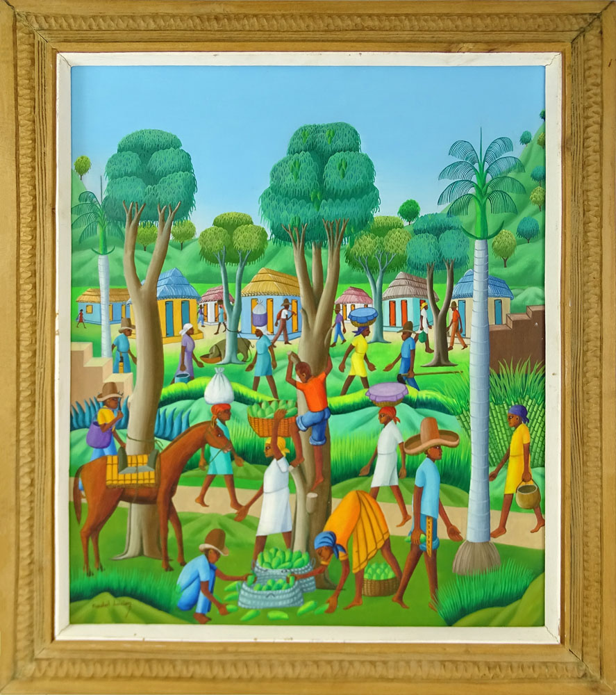 Lucien Pradel, Haitian (b.1923) Oil on masonite "Village Scene"