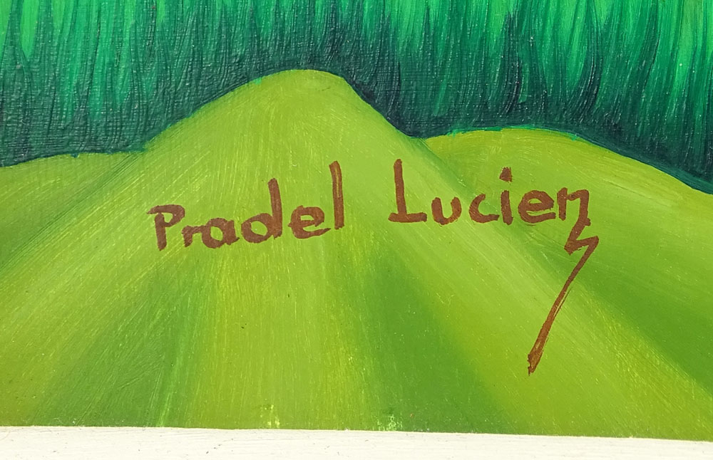 Lucien Pradel, Haitian (b.1923) Oil on masonite "Village Scene"