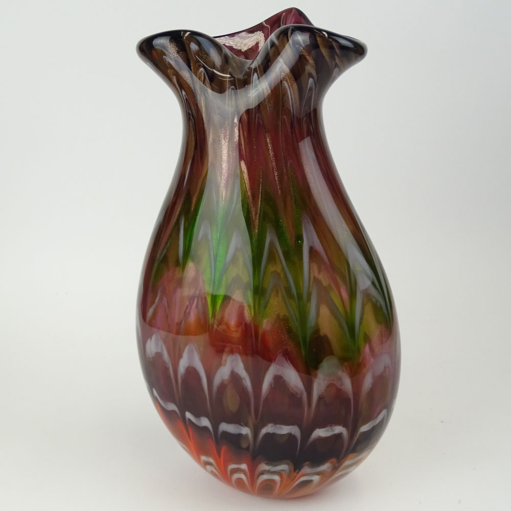 Vintage Art Glass Vase. Possibly Murano. Multi-colored with metallic flakes.