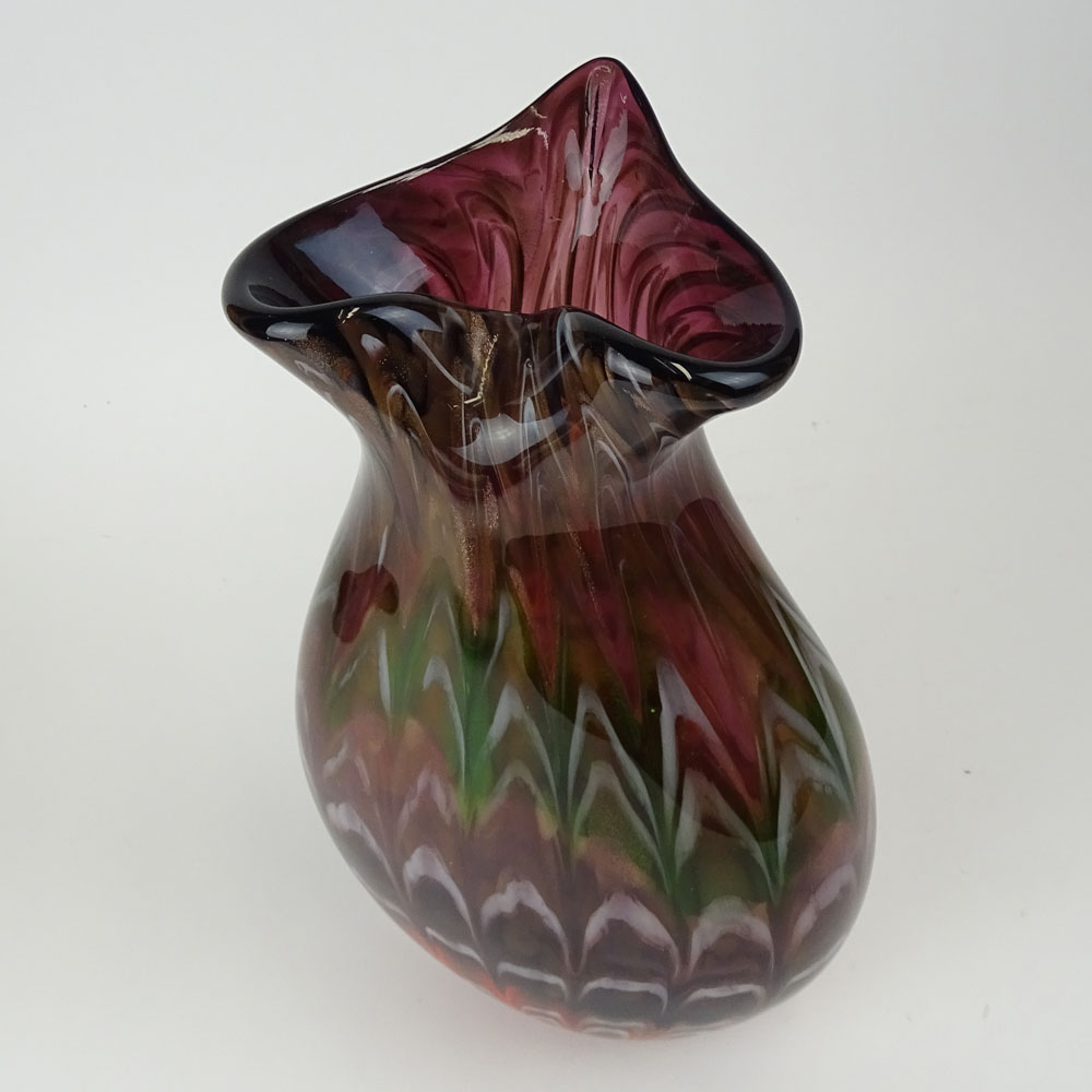 Vintage Art Glass Vase. Possibly Murano. Multi-colored with metallic flakes.