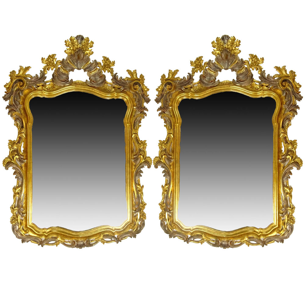 Pair Mid 20th Century Italian Carved and Giltwood Mirrors. Beveled Glass.