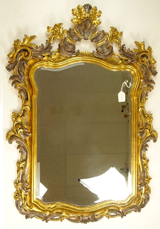 Pair Mid 20th Century Italian Carved and Giltwood Mirrors. Beveled Glass.