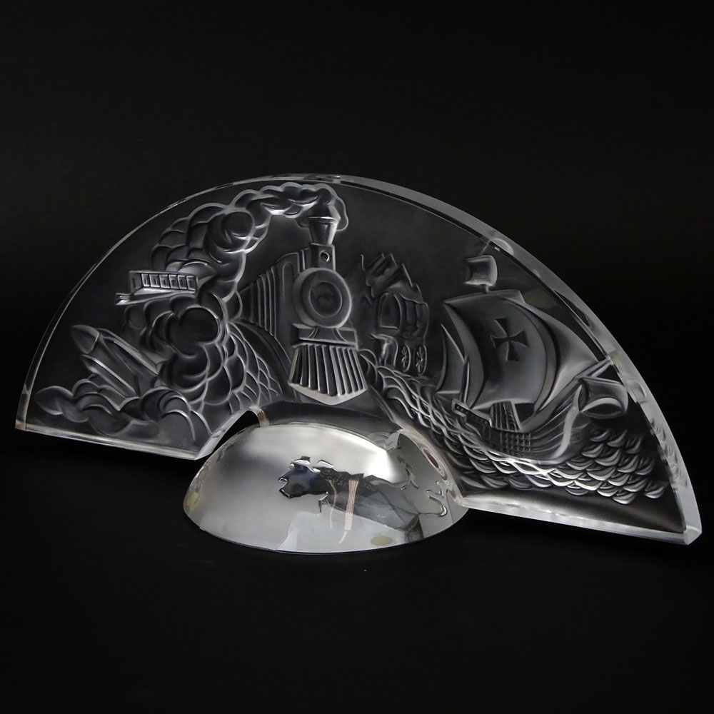 Lalique Commemorative Glass Table Top Plaque on Stand "500th Anniversary of the Discovery of American by Christopher Columbus.