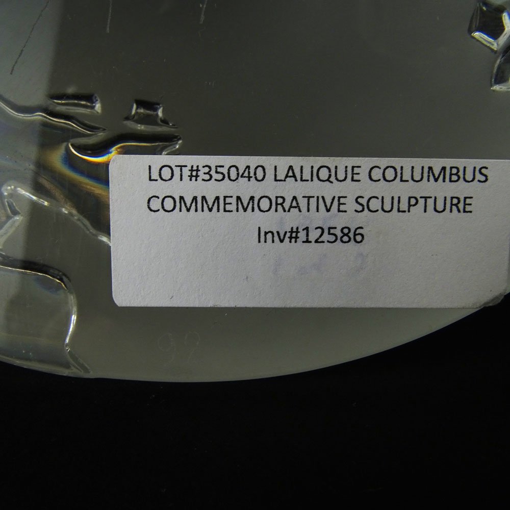 Lalique Commemorative Glass Table Top Plaque on Stand "500th Anniversary of the Discovery of American by Christopher Columbus.
