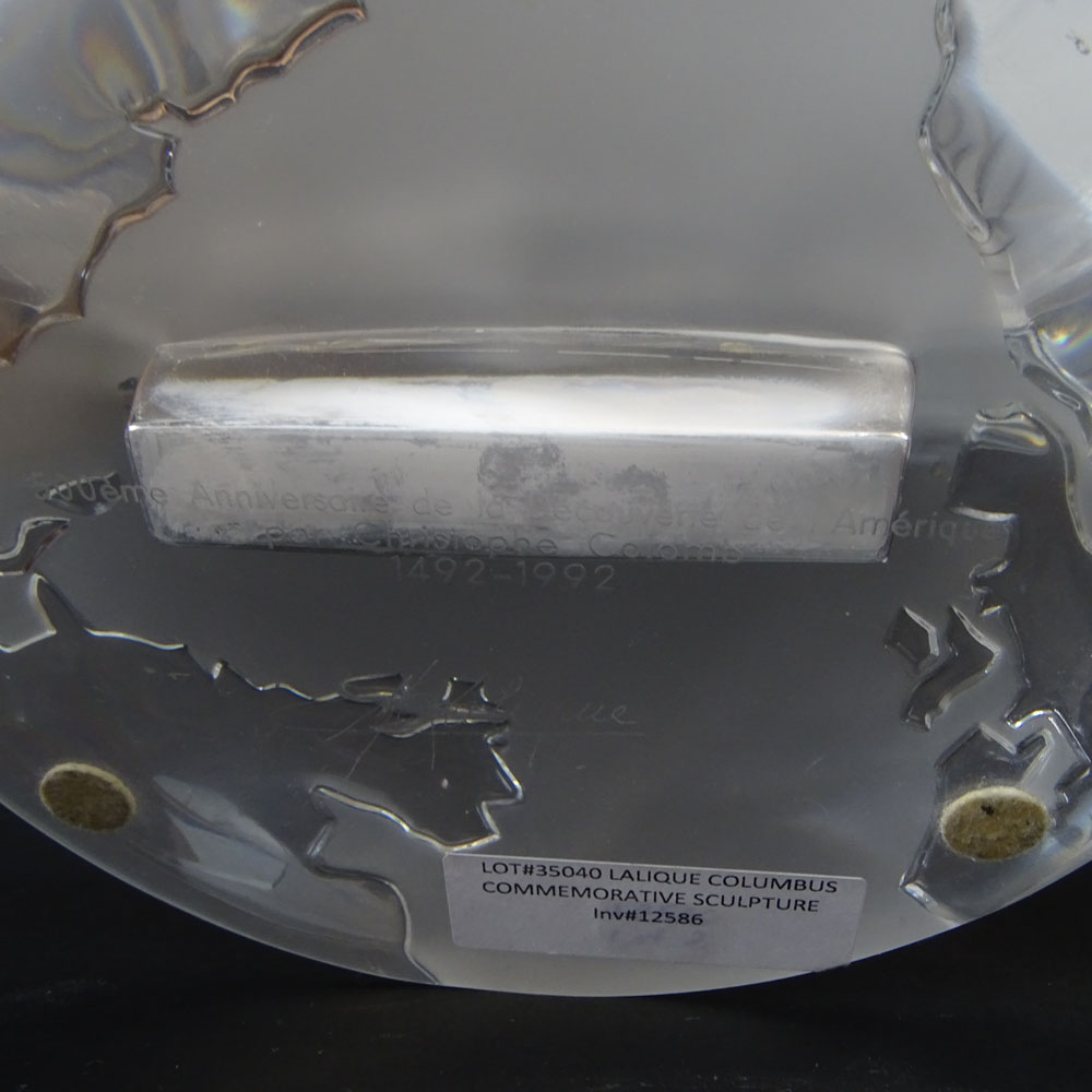 Lalique Commemorative Glass Table Top Plaque on Stand "500th Anniversary of the Discovery of American by Christopher Columbus.