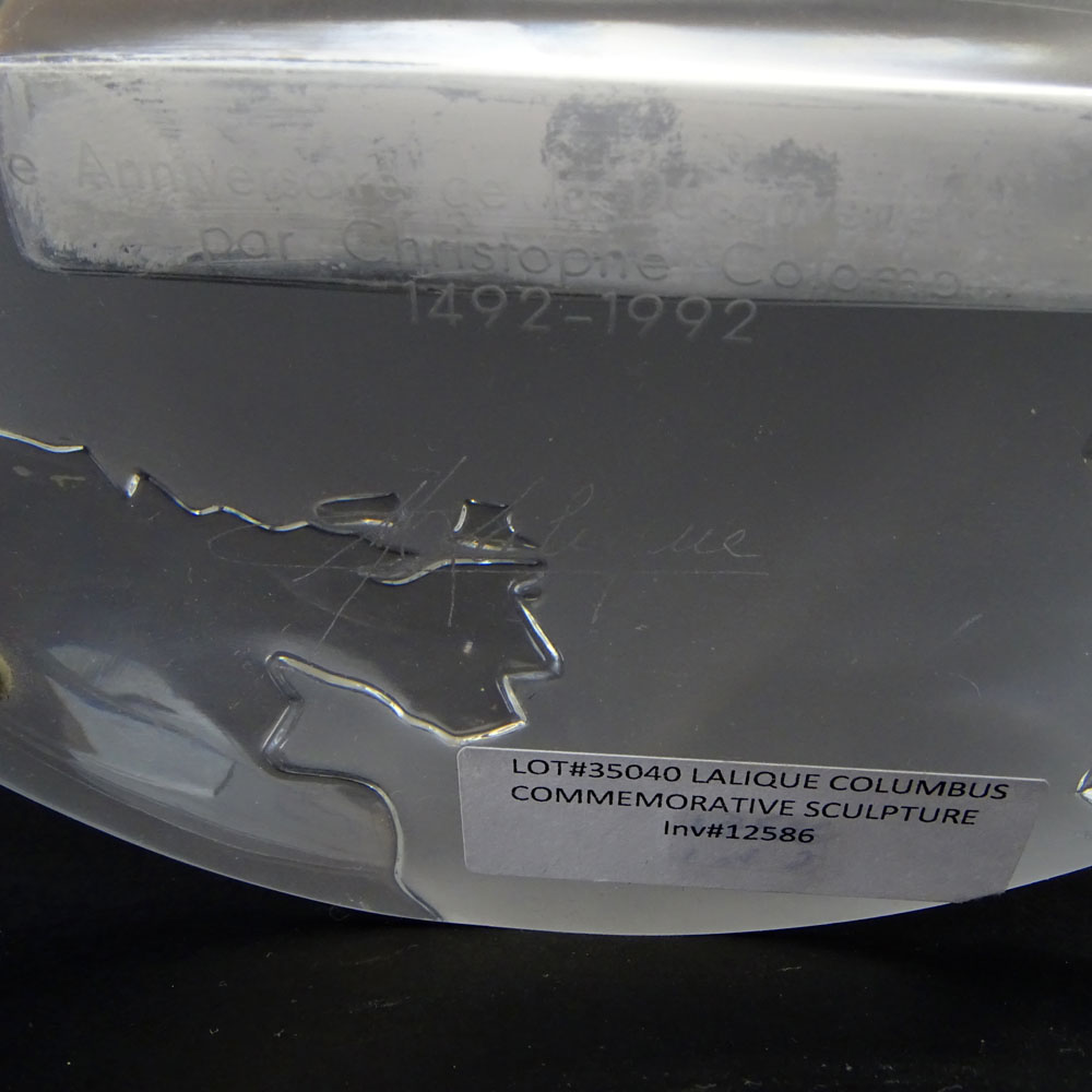 Lalique Commemorative Glass Table Top Plaque on Stand "500th Anniversary of the Discovery of American by Christopher Columbus.