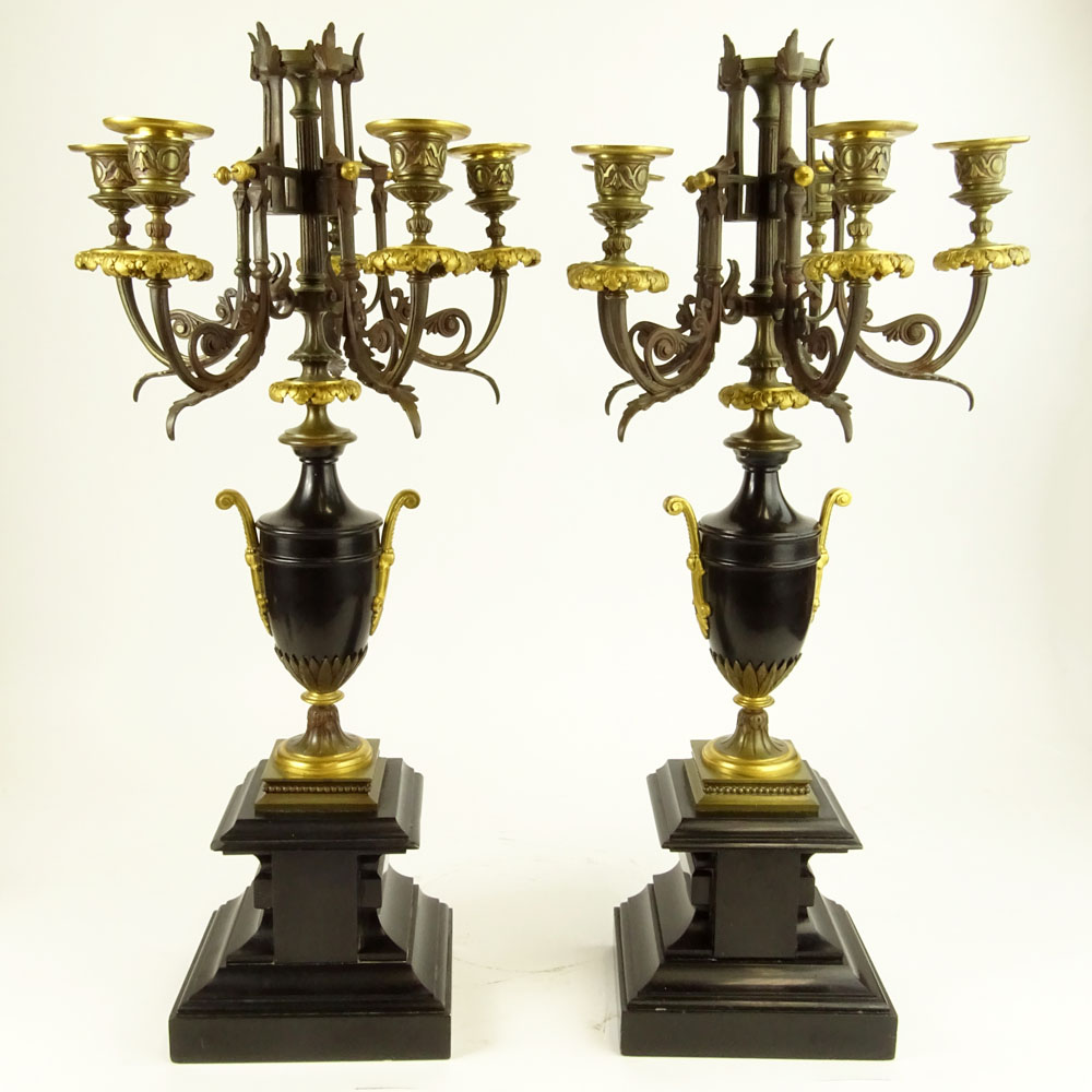 Pair antique bronze mounted slate based five (5) light candelabra.