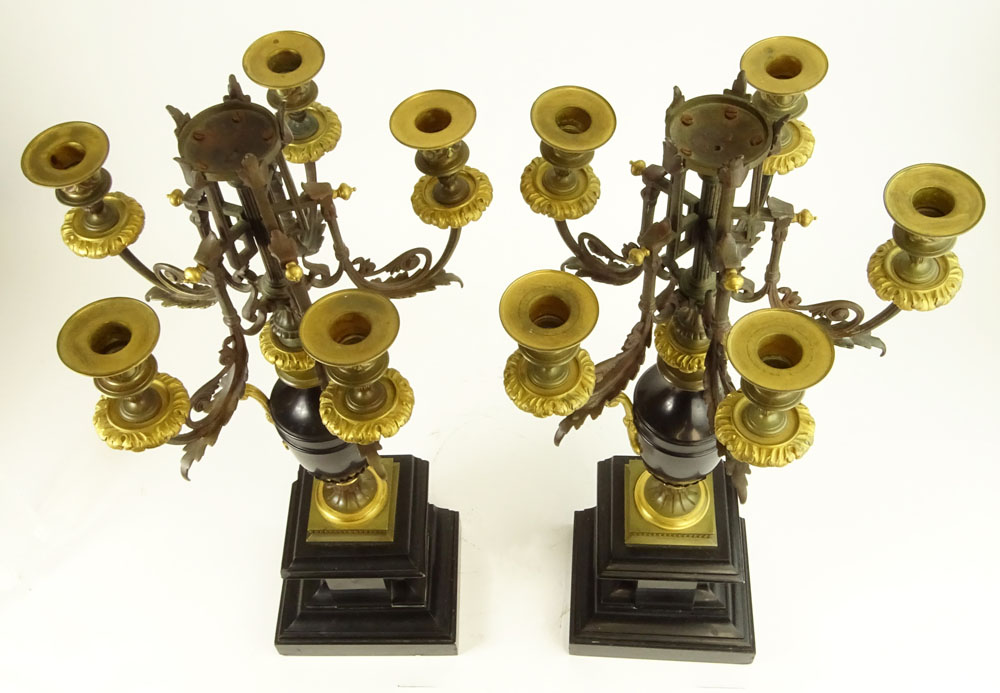 Pair antique bronze mounted slate based five (5) light candelabra.