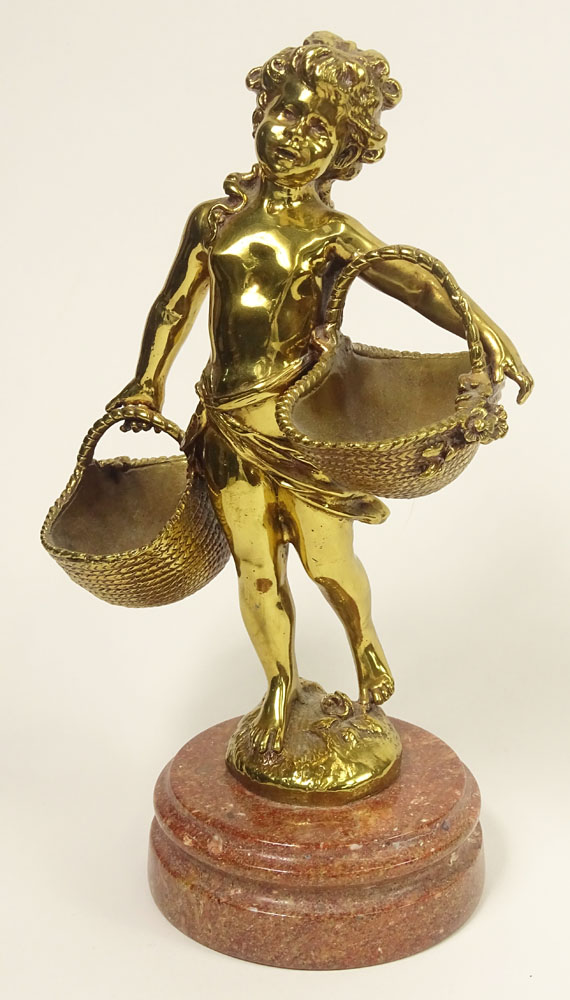 20th Century Bronze Sculpture on Marble Base "Boy with Baskets". 