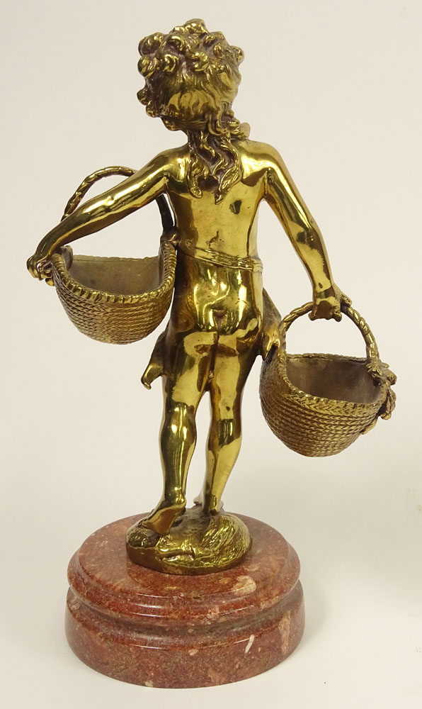 20th Century Bronze Sculpture on Marble Base "Boy with Baskets". 