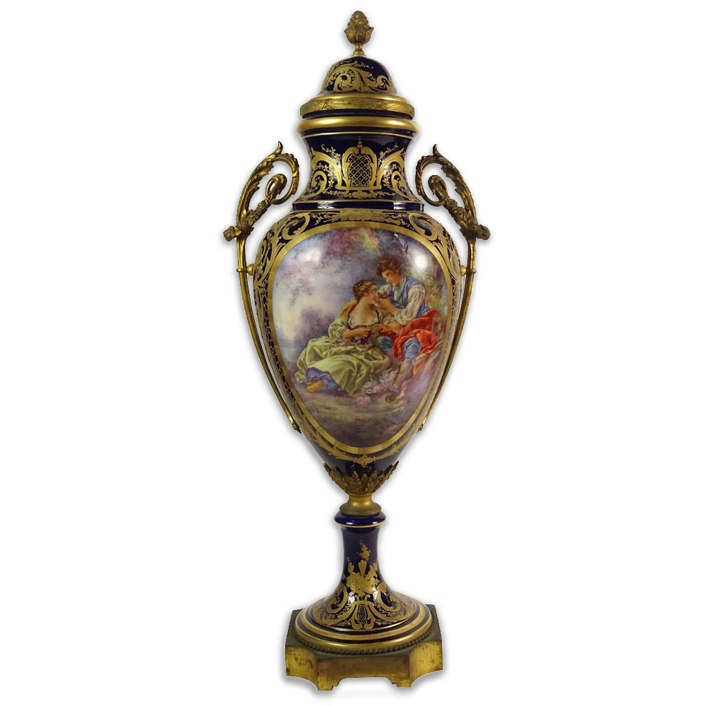 Large 19/20th Century Hand Painted Bronze Mounted Sevres Urn with Lid.