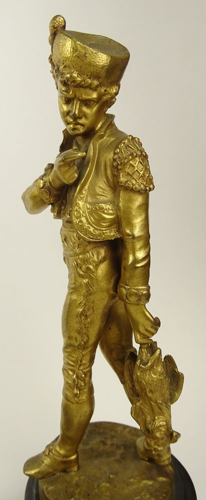 Lalouette, French Two (2) 19/20th Century Gilt Bronze Sculptures on Marble Plinths "Youth in Cap Carrying a Rooster" 