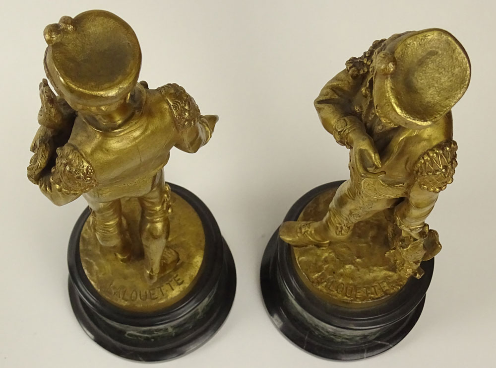 Lalouette, French Two (2) 19/20th Century Gilt Bronze Sculptures on Marble Plinths "Youth in Cap Carrying a Rooster" 