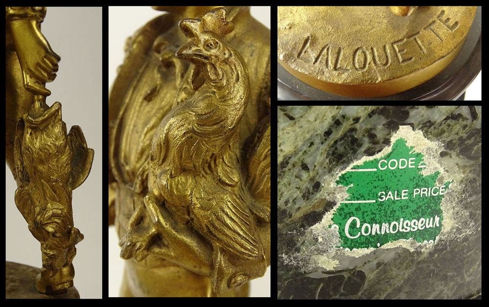 Lalouette, French Two (2) 19/20th Century Gilt Bronze Sculptures on Marble Plinths "Youth in Cap Carrying a Rooster" 