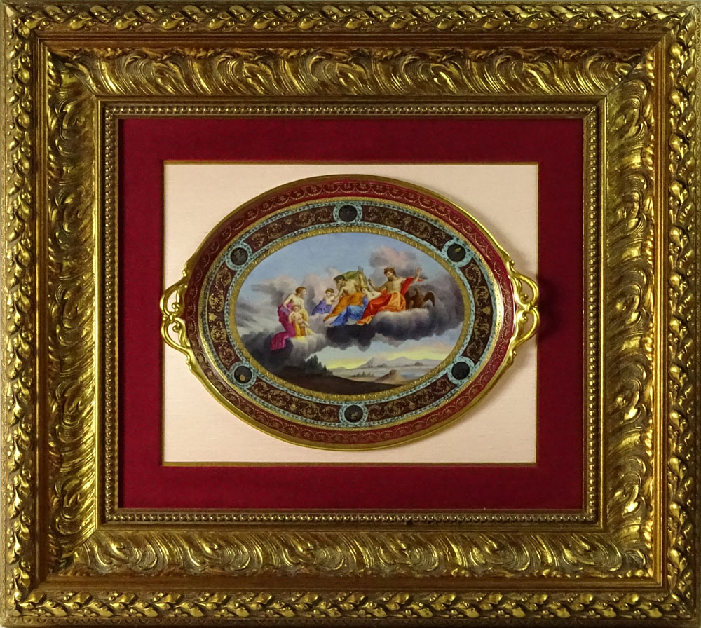 Circa 1860 Royal Vienna Painted Gilt Porcelain Platter with Double Loop Handles "Presenting to the Gods". 