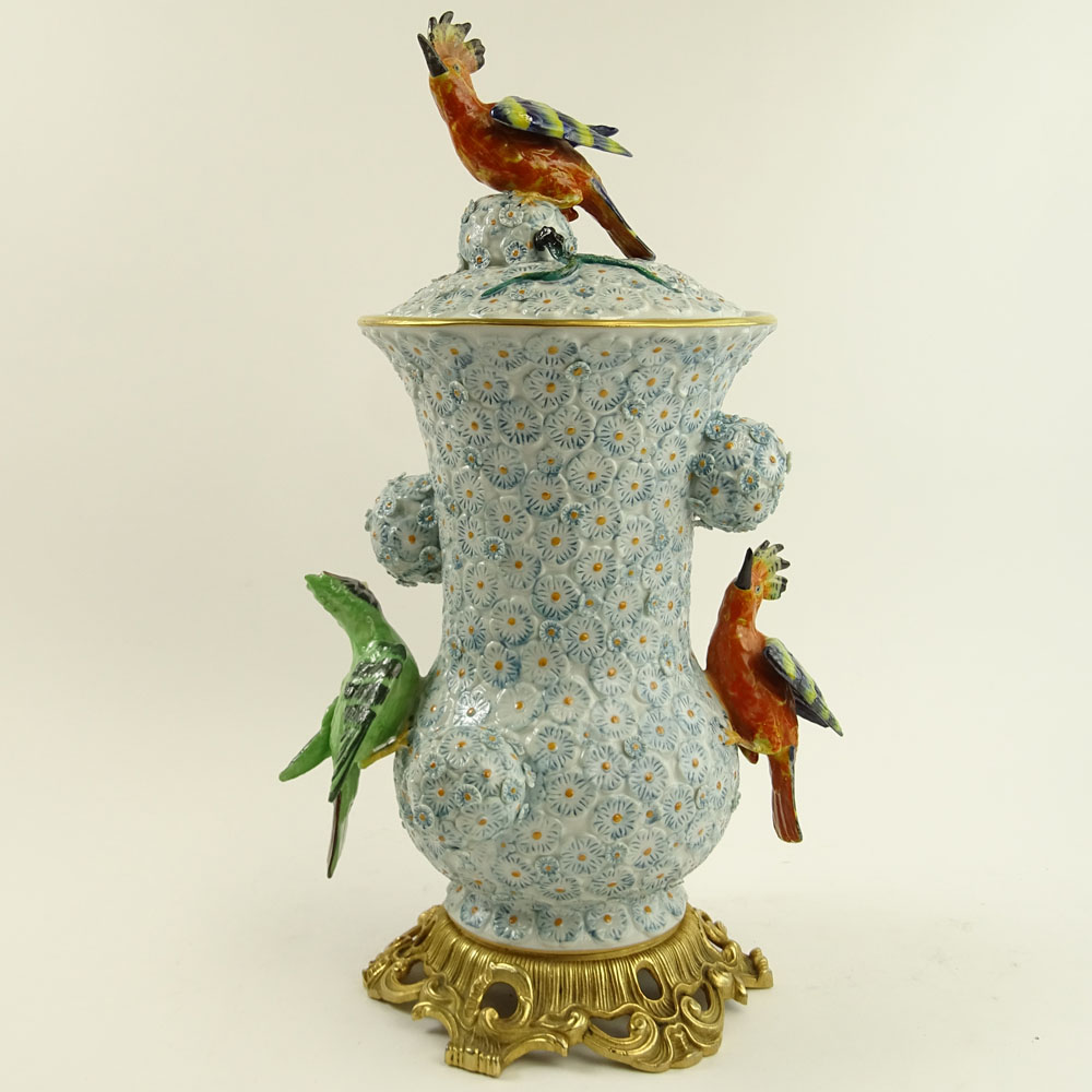 Modern Bronze Mounted Sevres Covered Urn With Relief Bird Decorations.