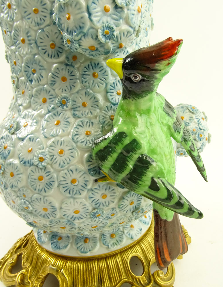 Modern Bronze Mounted Sevres Covered Urn With Relief Bird Decorations.