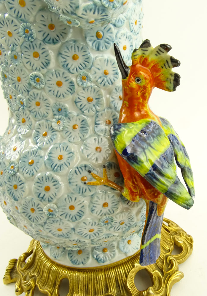Modern Bronze Mounted Sevres Covered Urn With Relief Bird Decorations.