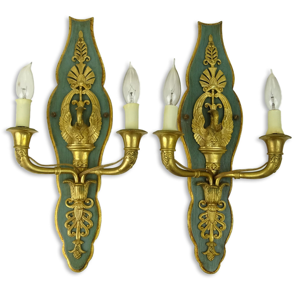 Pair 20th Century Empire Style Italian Bronze and Painted Wood 2 Light Sconces