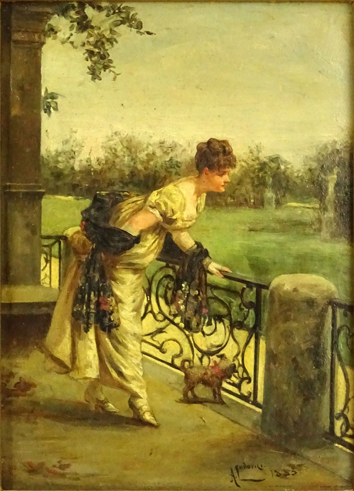 Well done 19th Century genre oil on panel "Lady on Balcony With Dog"  
