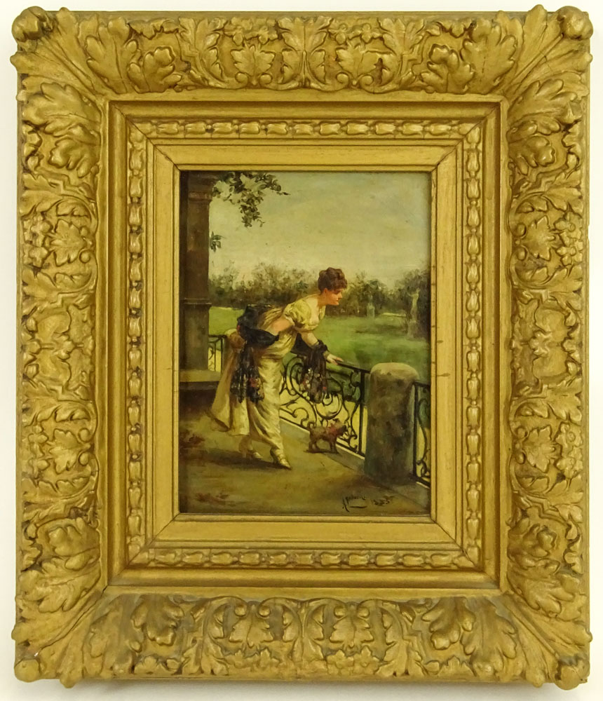 Well done 19th Century genre oil on panel "Lady on Balcony With Dog"  