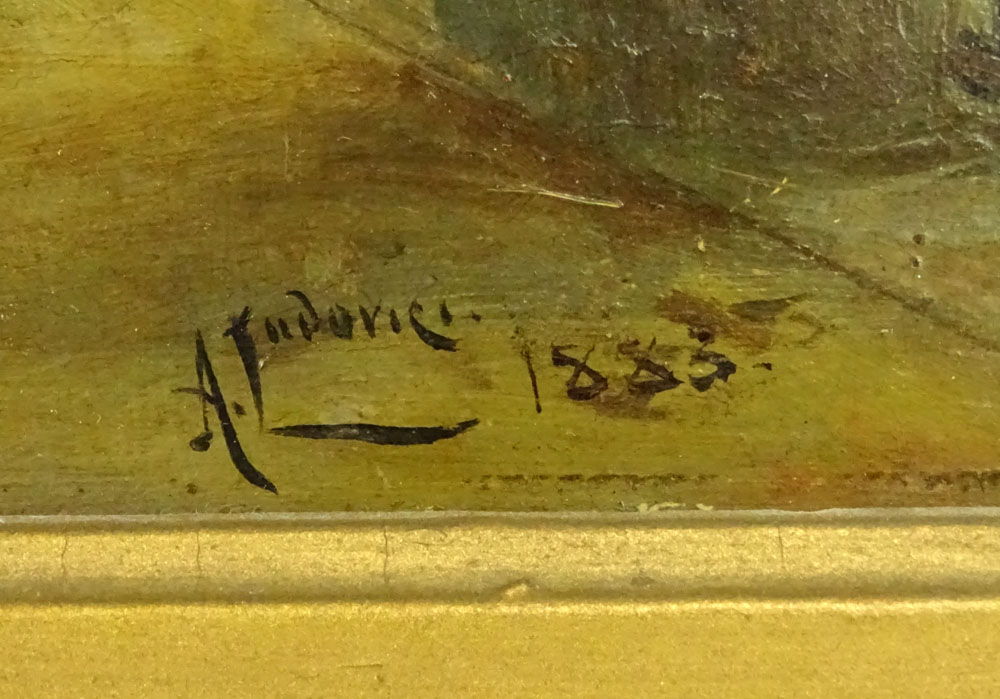 Well done 19th Century genre oil on panel "Lady on Balcony With Dog"  