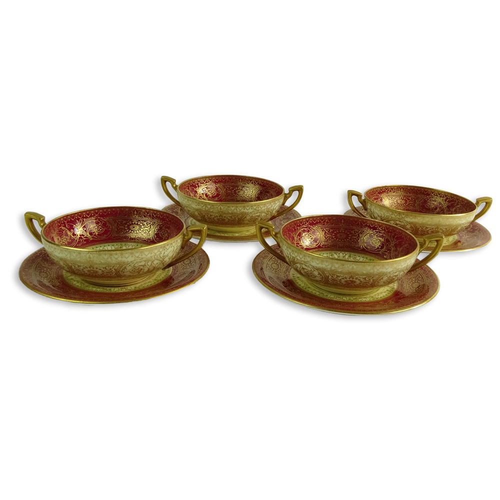 Set of Four (4) Circa 1925 Royal Worcester Hand Painted Cream Soup Bowls and Saucers.