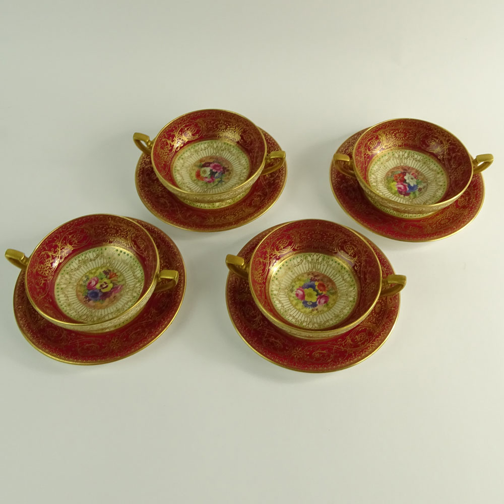 Set of Four (4) Circa 1925 Royal Worcester Hand Painted Cream Soup Bowls and Saucers.